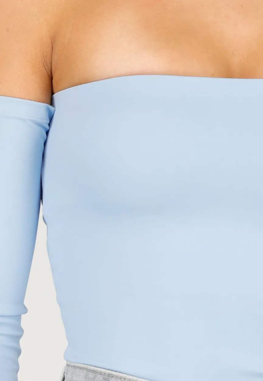 Blauwe Off Shoulder Top met Lange Mouwen en Stretchstof