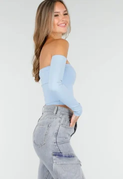 Blauwe Off Shoulder Top met Lange Mouwen en Stretchstof