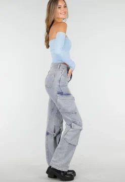 Blauwe Off Shoulder Top met Lange Mouwen en Stretchstof