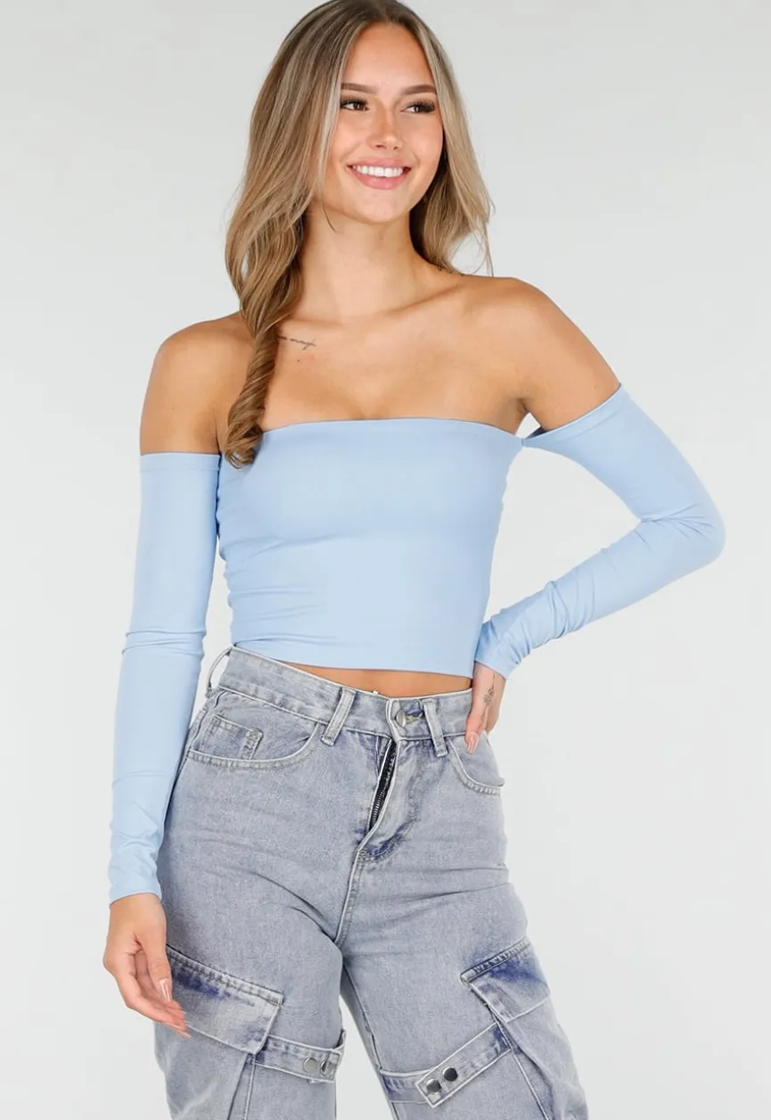 Blauwe Off Shoulder Top met Lange Mouwen en Stretchstof