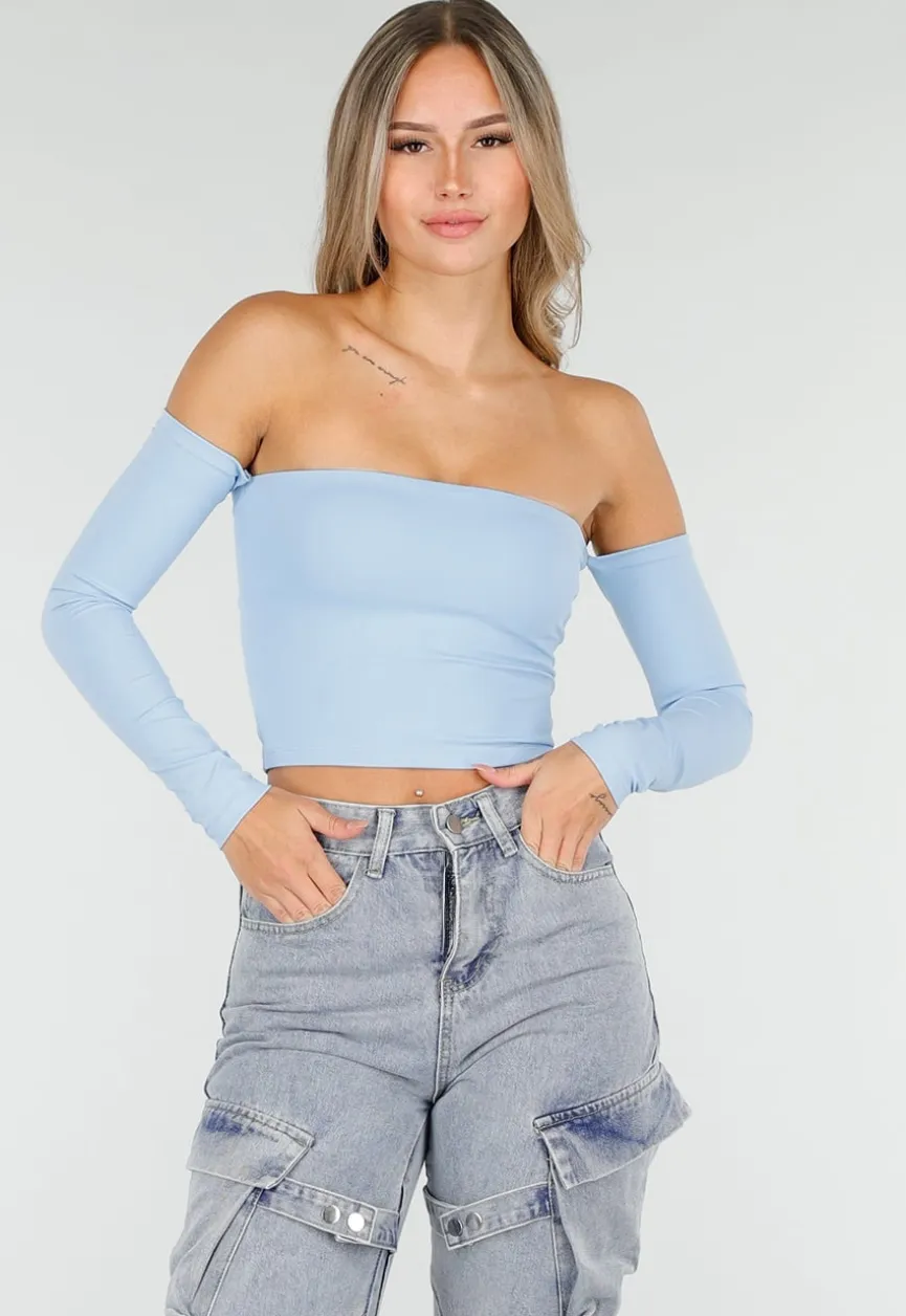 Blauwe Off Shoulder Top met Lange Mouwen en Stretchstof