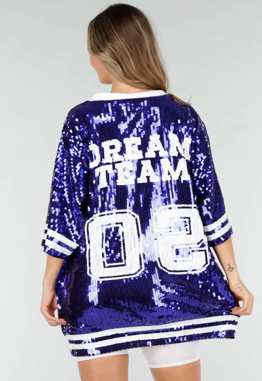 Blauwe Oversized Pailletten Jersey Top met V Hals