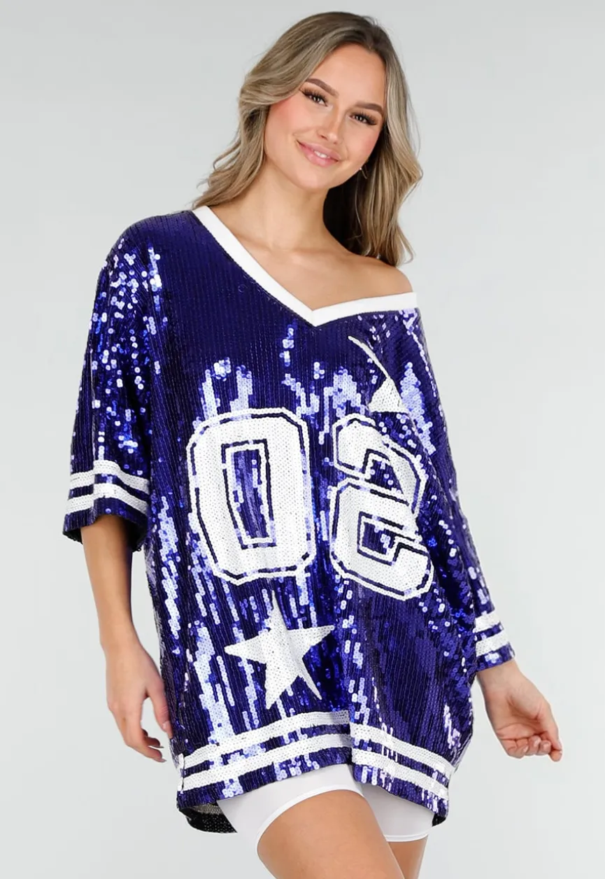 Blauwe Oversized Pailletten Jersey Top met V Hals