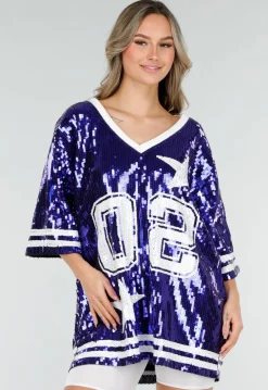 Blauwe Oversized Pailletten Jersey Top met V Hals