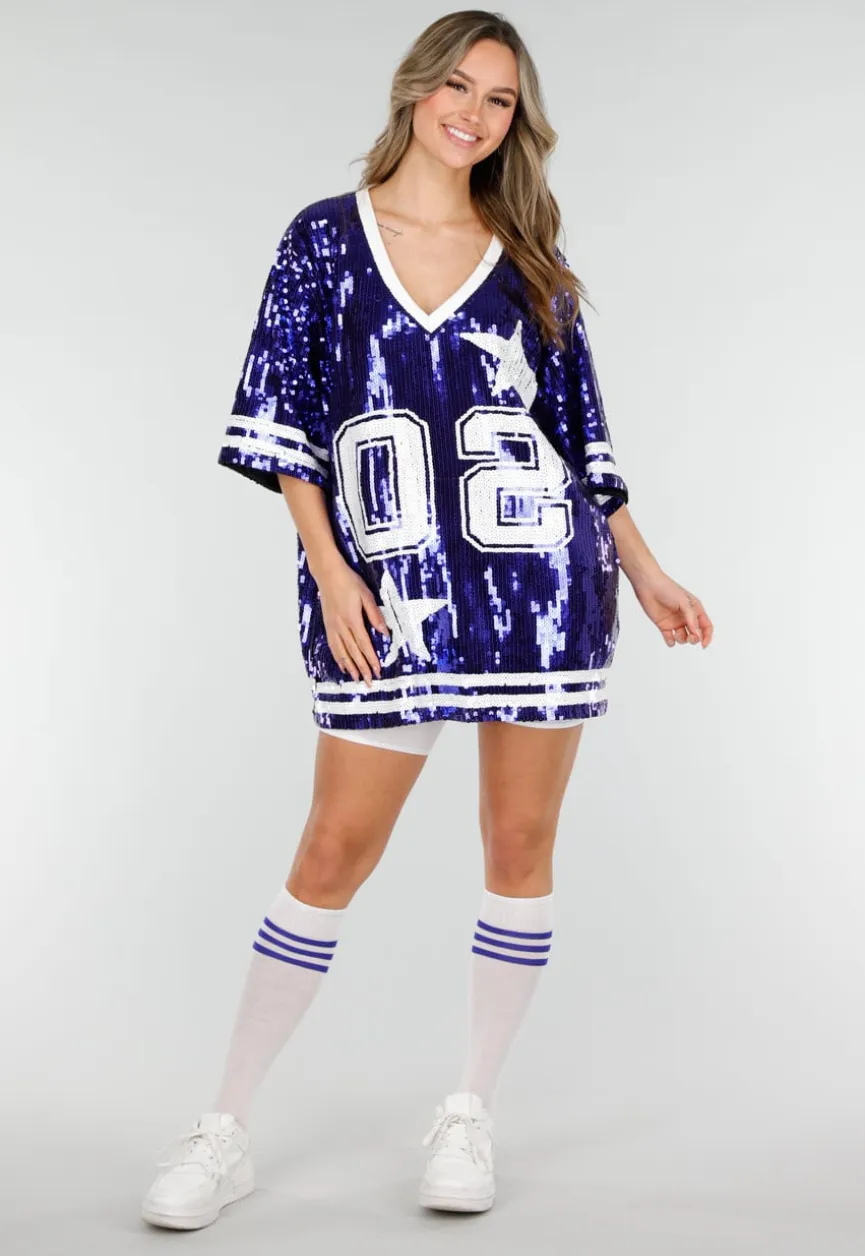 Blauwe Oversized Pailletten Jersey Top met V Hals