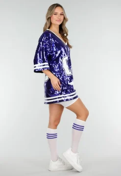 Blauwe Oversized Pailletten Jersey Top met V Hals