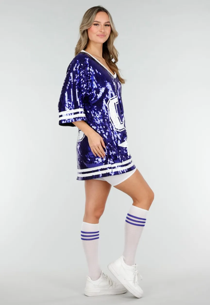 Blauwe Oversized Pailletten Jersey Top met V Hals