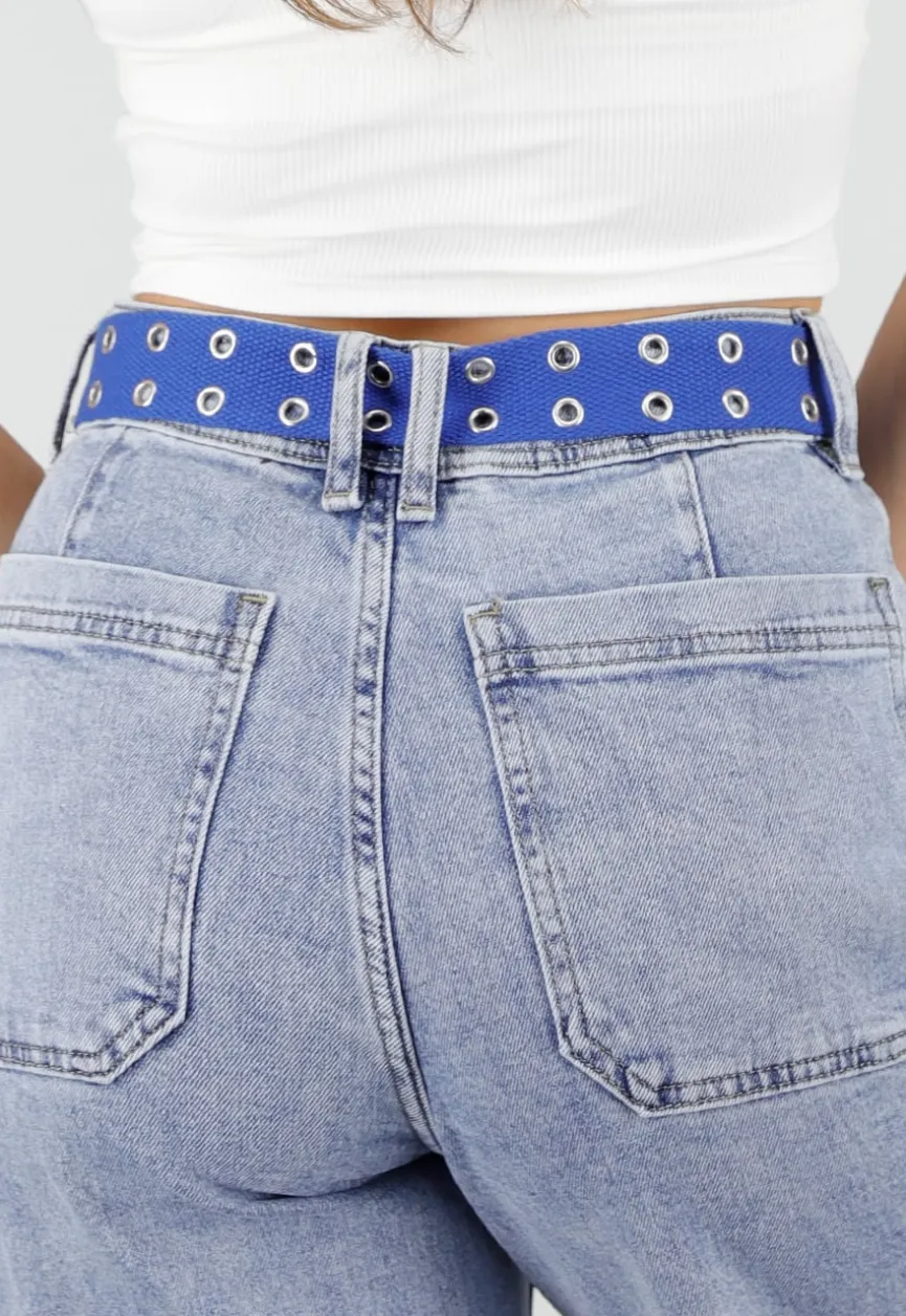 Blauwe Riem met Metalen Oogjes en Gesp