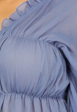 Blauwe See Through Blouse met Pofmouwen