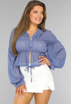 Blauwe See Through Blouse met Pofmouwen