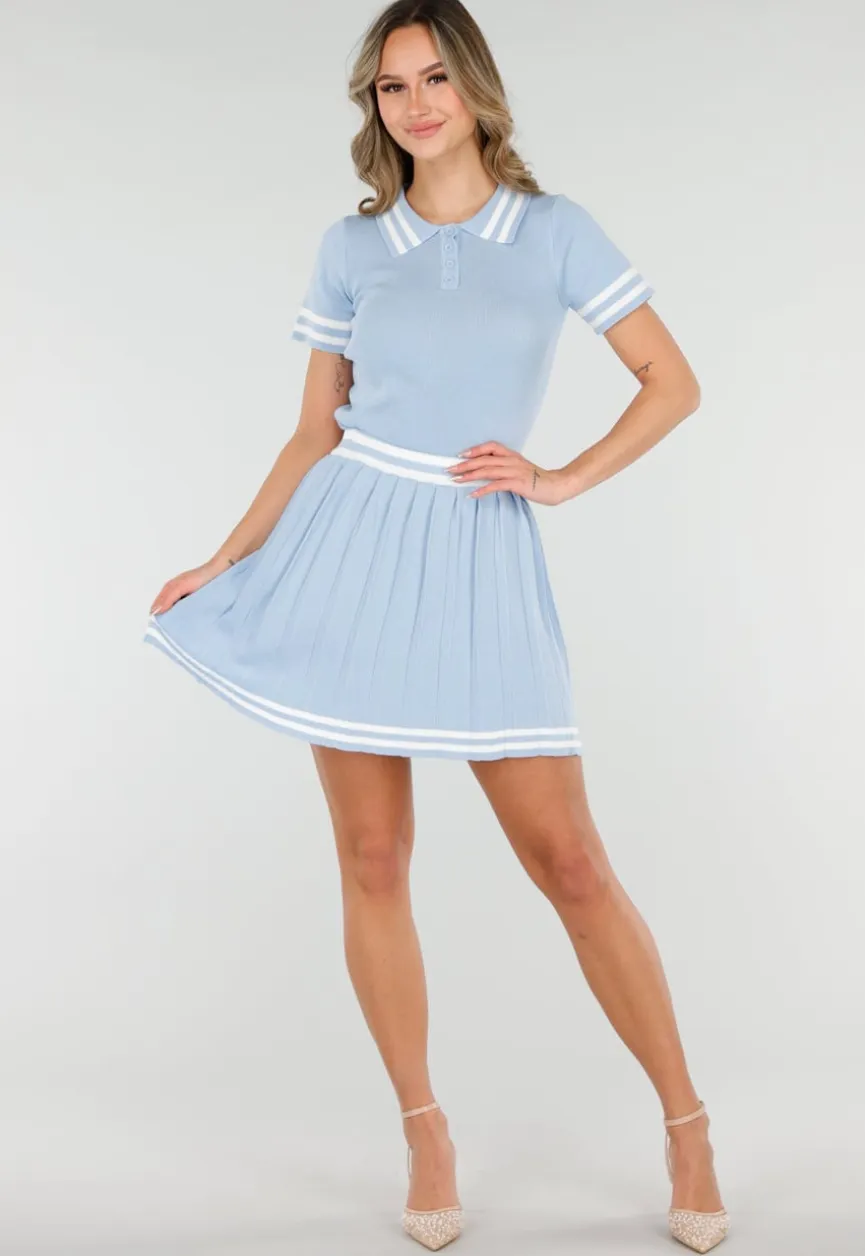 Blauwe Set met Polo Top en Plissé Rok
