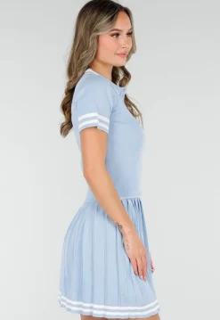 Blauwe Set met Polo Top en Plissé Rok
