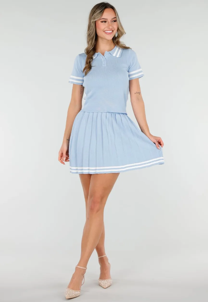 Blauwe Set met Polo Top en Plissé Rok