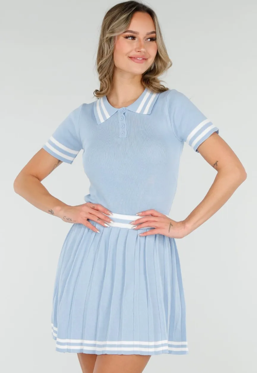 Blauwe Set met Polo Top en Plissé Rok