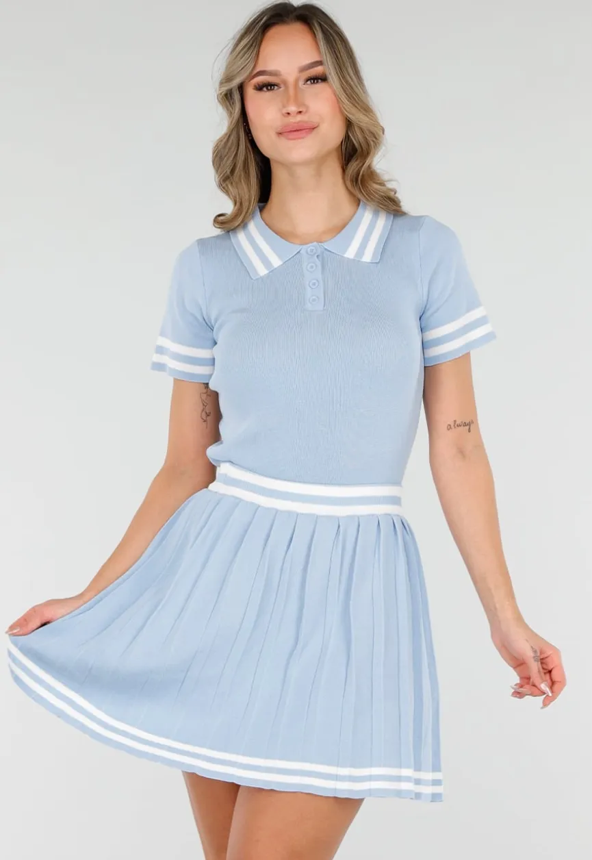 Blauwe Set met Polo Top en Plissé Rok