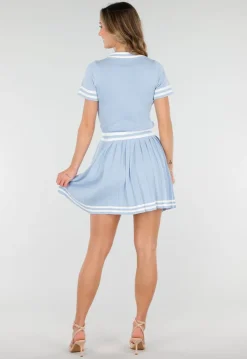 Blauwe Set met Polo Top en Plissé Rok