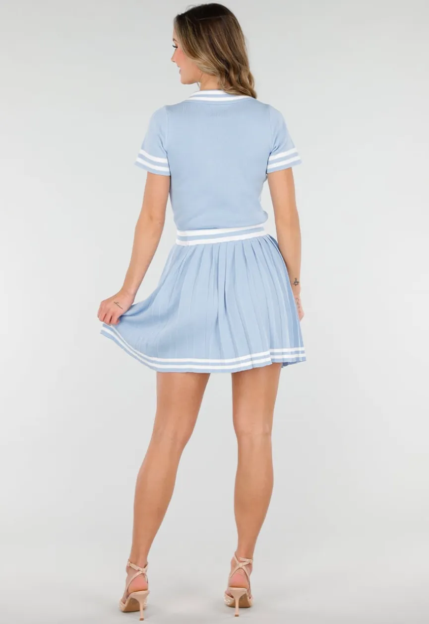 Blauwe Set met Polo Top en Plissé Rok