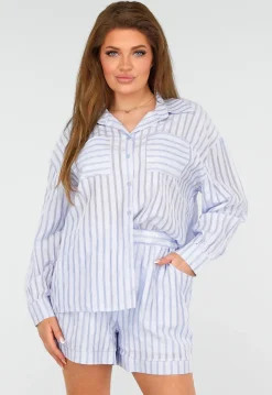 Blauwe Set van Short en Blouse met Streepjes en Elastische Tailleband