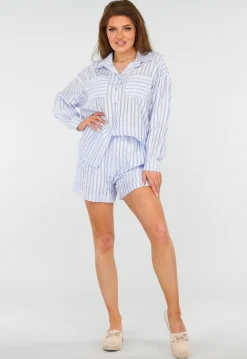 Blauwe Set van Short en Blouse met Streepjes en Elastische Tailleband