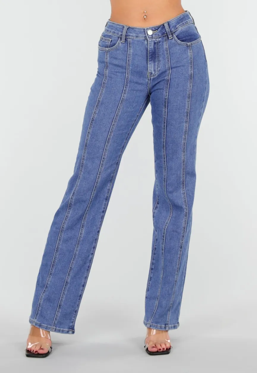 Blauwe Stretch Jeans met Rechte Pijpen en Verticale Stiknaden
