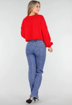 Blauwe Stretch Jeans met Rechte Pijpen en Verticale Stiknaden