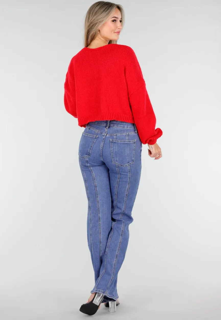 Blauwe Stretch Jeans met Rechte Pijpen en Verticale Stiknaden