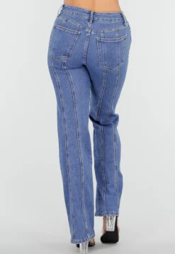 Blauwe Stretch Jeans met Rechte Pijpen en Verticale Stiknaden