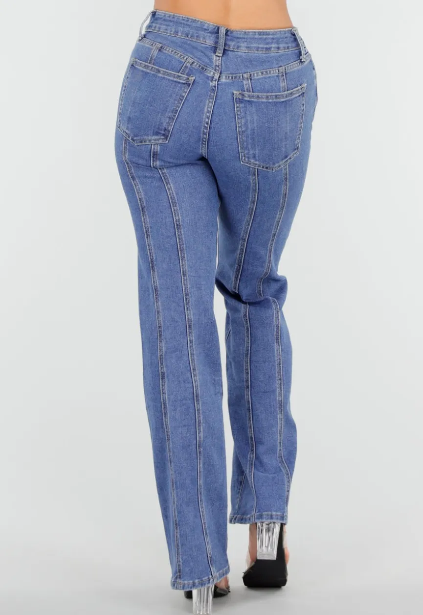 Blauwe Stretch Jeans met Rechte Pijpen en Verticale Stiknaden