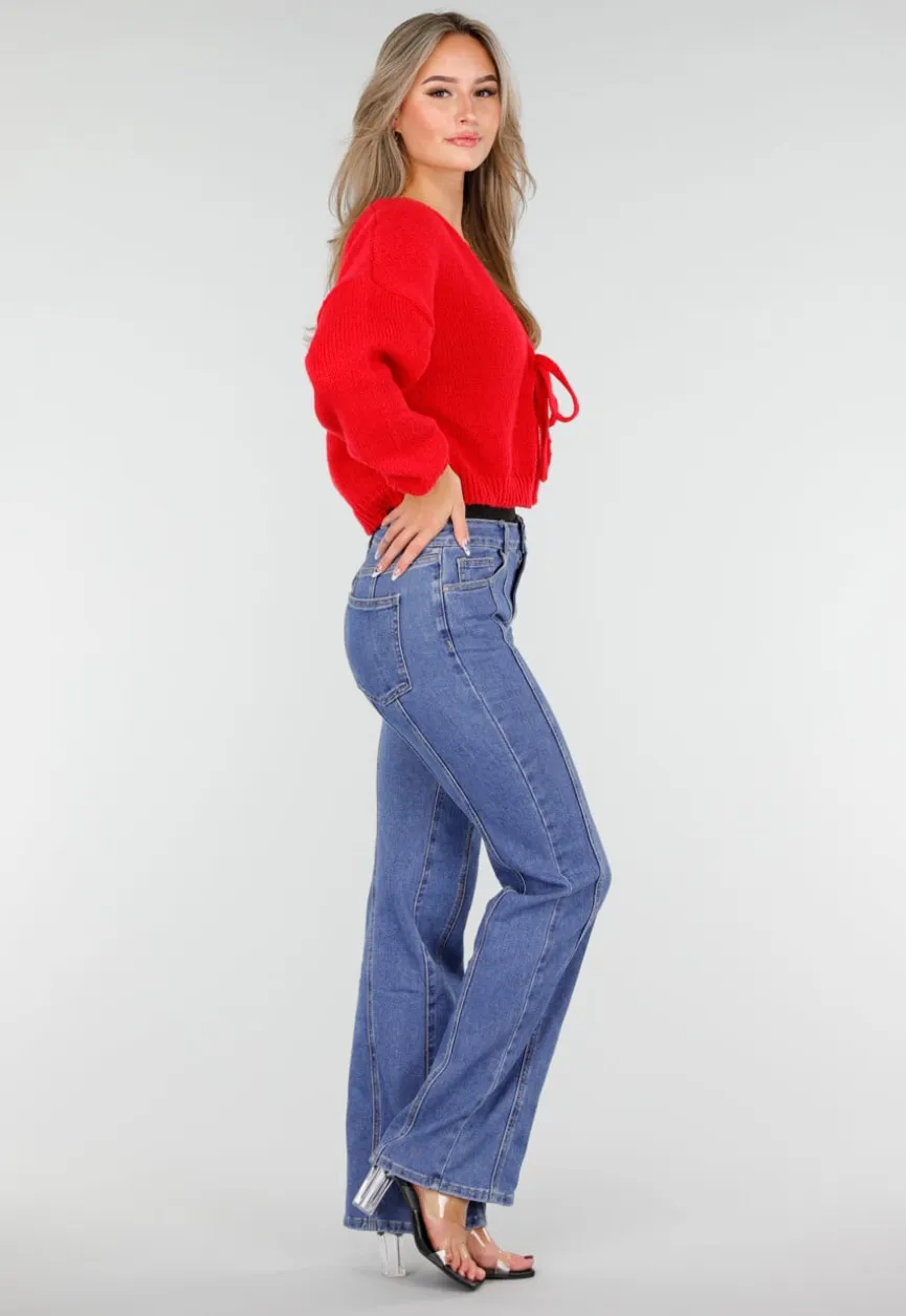 Blauwe Stretch Jeans met Rechte Pijpen en Verticale Stiknaden