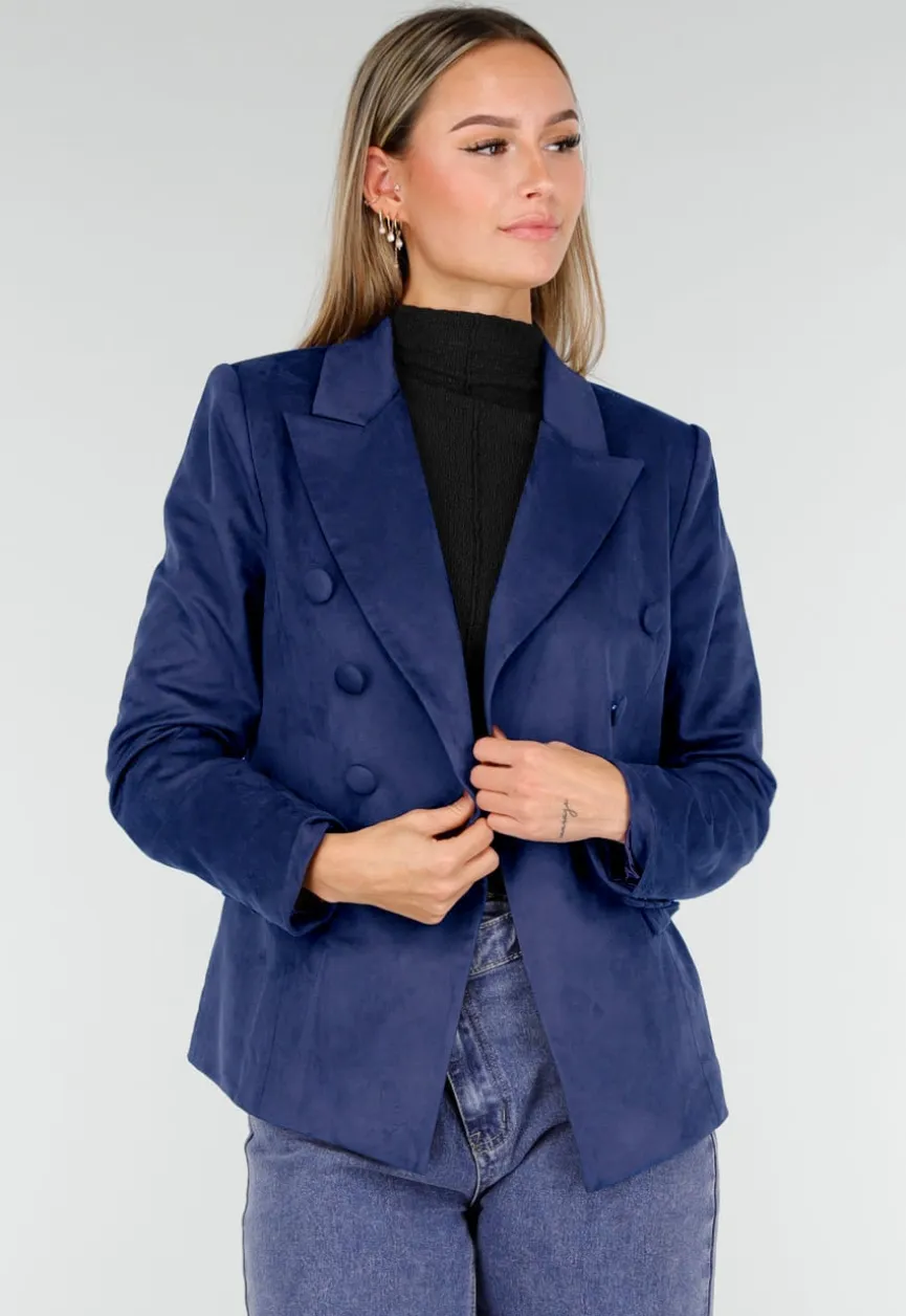 Blauwe Suede Blazer met Dubbele Knopen