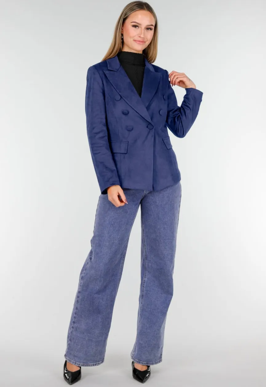 Blauwe Suede Blazer met Dubbele Knopen