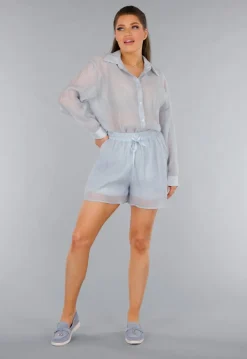 Blauwe Tweedelige Set met Doorschijnende Blouse en Elastische Short
