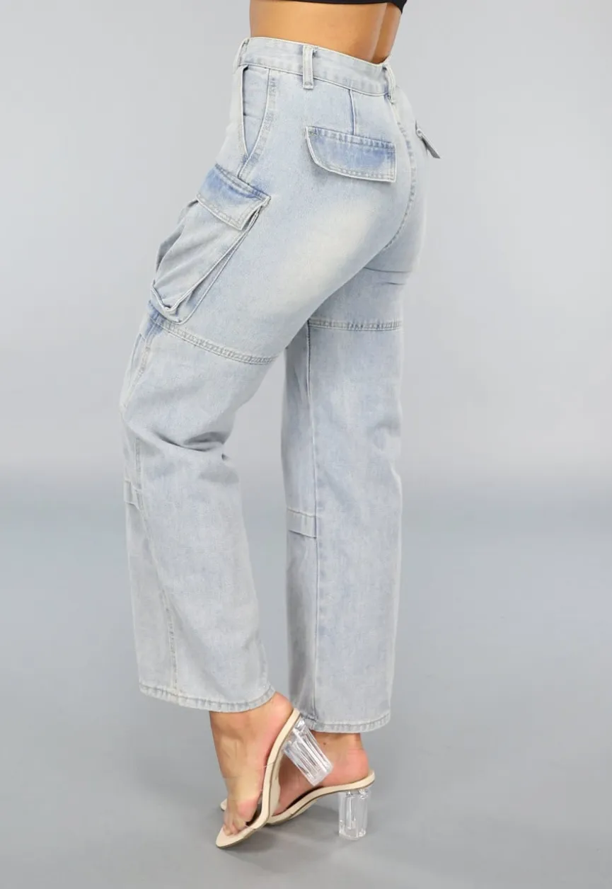 Blauwe Utility Jeans met Wijde Pijpen en Zakken