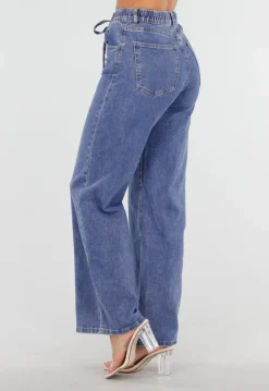 Blauwe Wide Leg Jeans met Elastische Taille en Strikkoord
