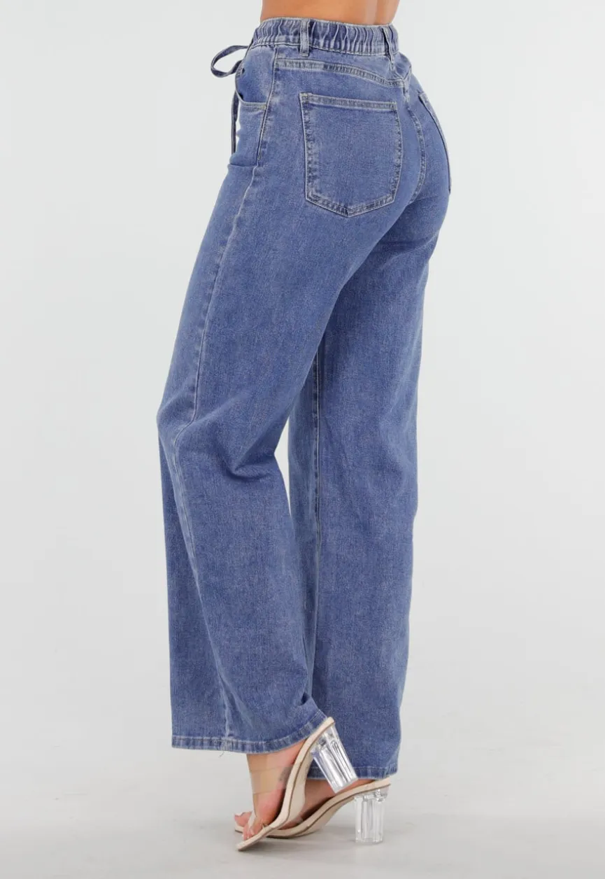 Blauwe Wide Leg Jeans met Elastische Taille en Strikkoord