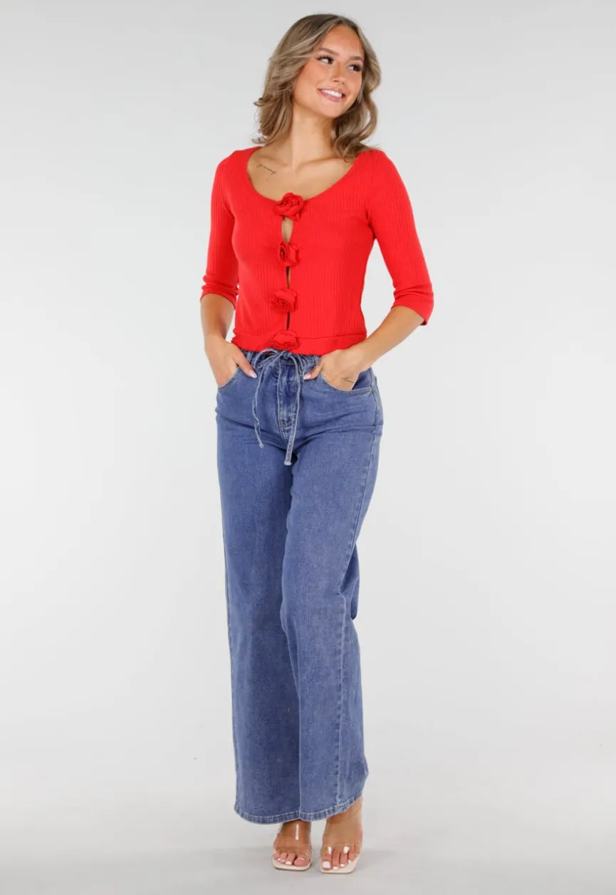 Blauwe Wide Leg Jeans met Elastische Taille en Strikkoord