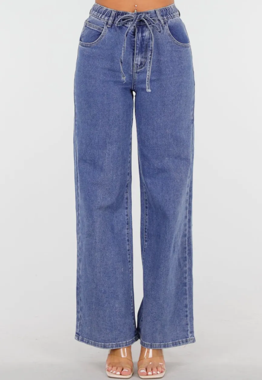 Blauwe Wide Leg Jeans met Elastische Taille en Strikkoord