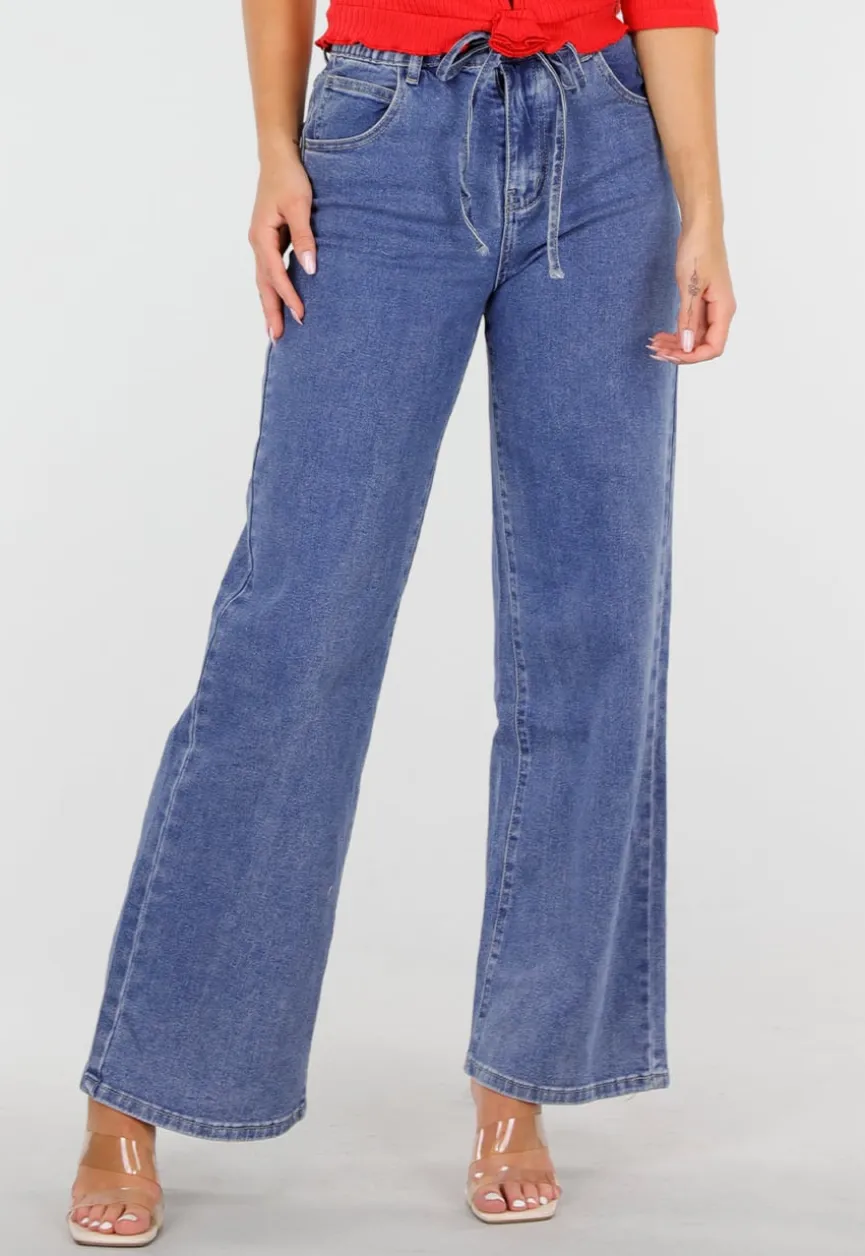 Blauwe Wide Leg Jeans met Elastische Taille en Strikkoord
