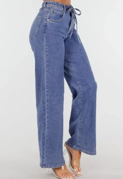 Blauwe Wide Leg Jeans met Elastische Taille en Strikkoord