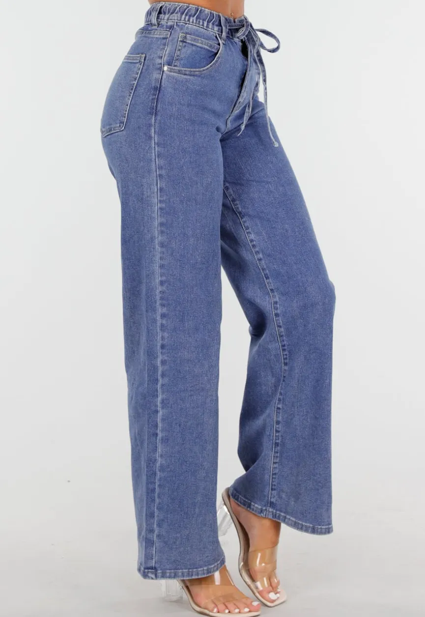 Blauwe Wide Leg Jeans met Elastische Taille en Strikkoord