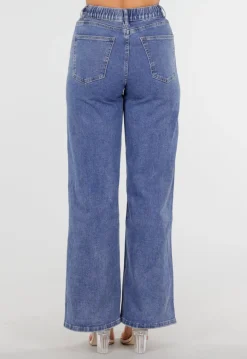 Blauwe Wide Leg Jeans met Elastische Taille en Strikkoord