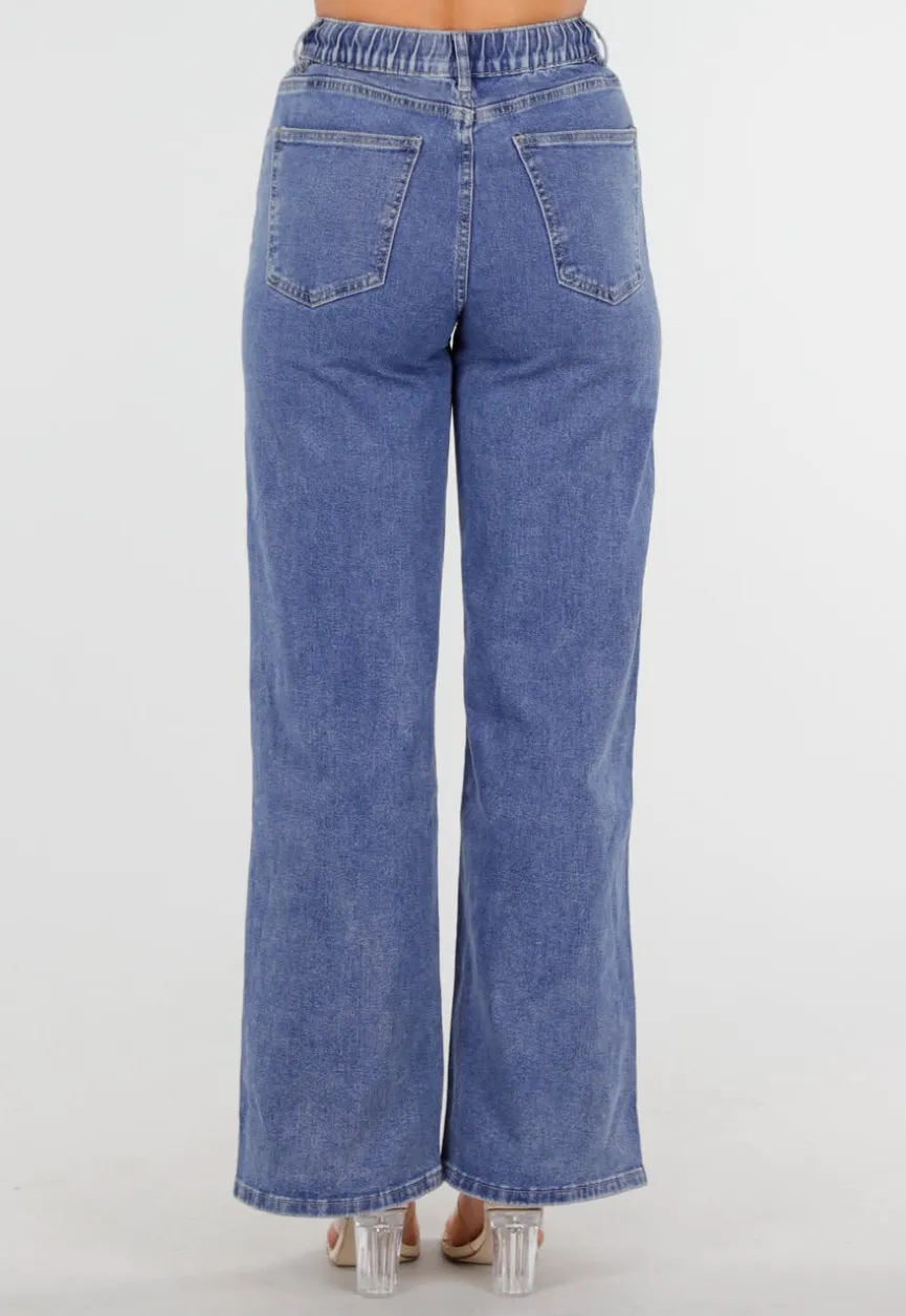 Blauwe Wide Leg Jeans met Elastische Taille en Strikkoord