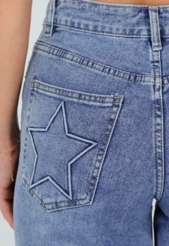Blauwe Wide Leg Jeans met Ster Achterzak en Lichte Stretch