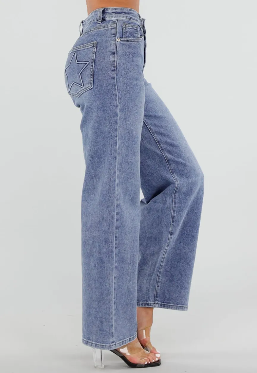 Blauwe Wide Leg Jeans met Ster Achterzak en Lichte Stretch