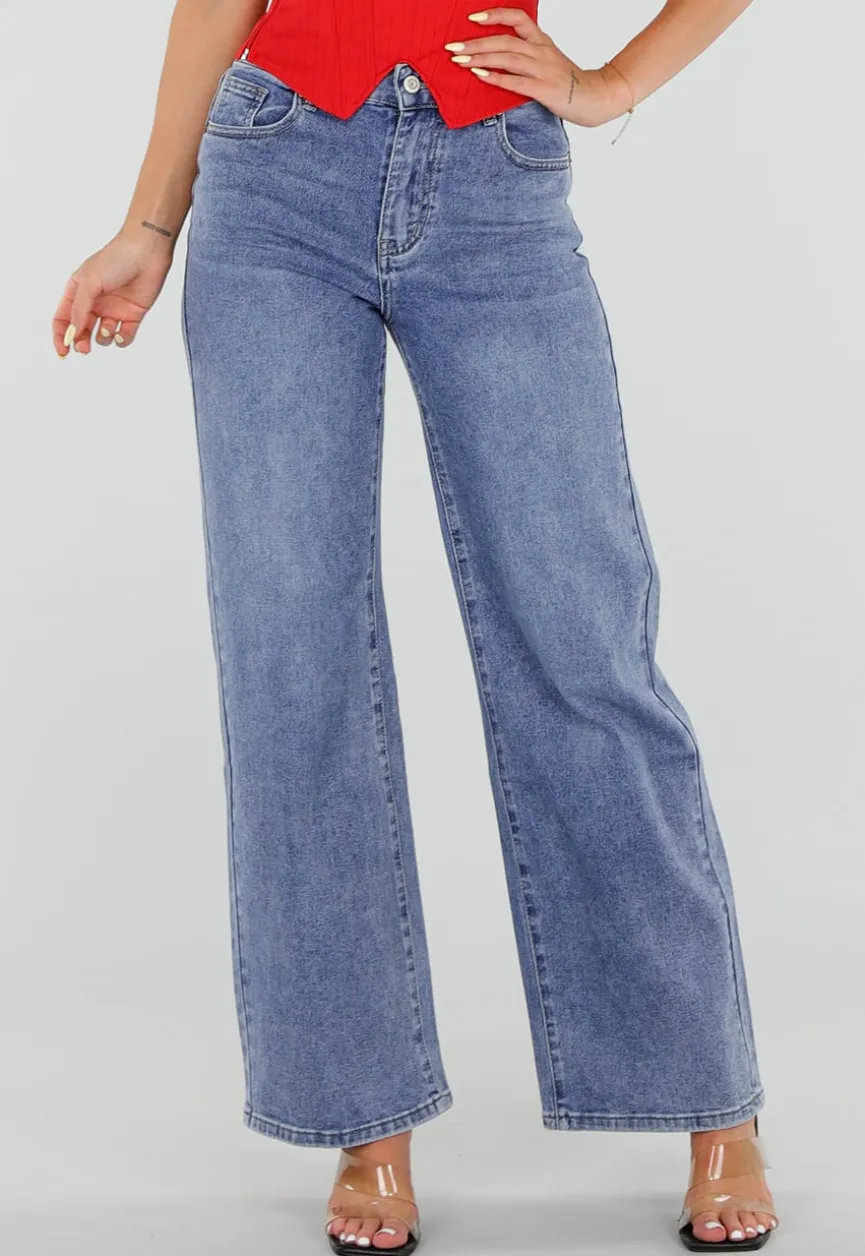 Blauwe Wide Leg Jeans met Ster Achterzak en Lichte Stretch