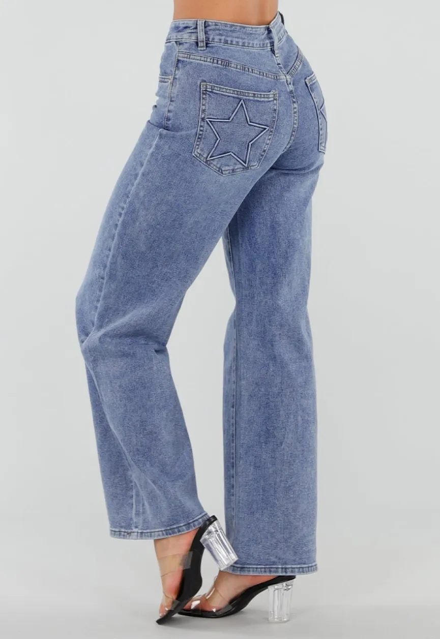 Blauwe Wide Leg Jeans met Ster Achterzak en Lichte Stretch