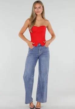 Blauwe Wide Leg Jeans met Ster Achterzak en Lichte Stretch