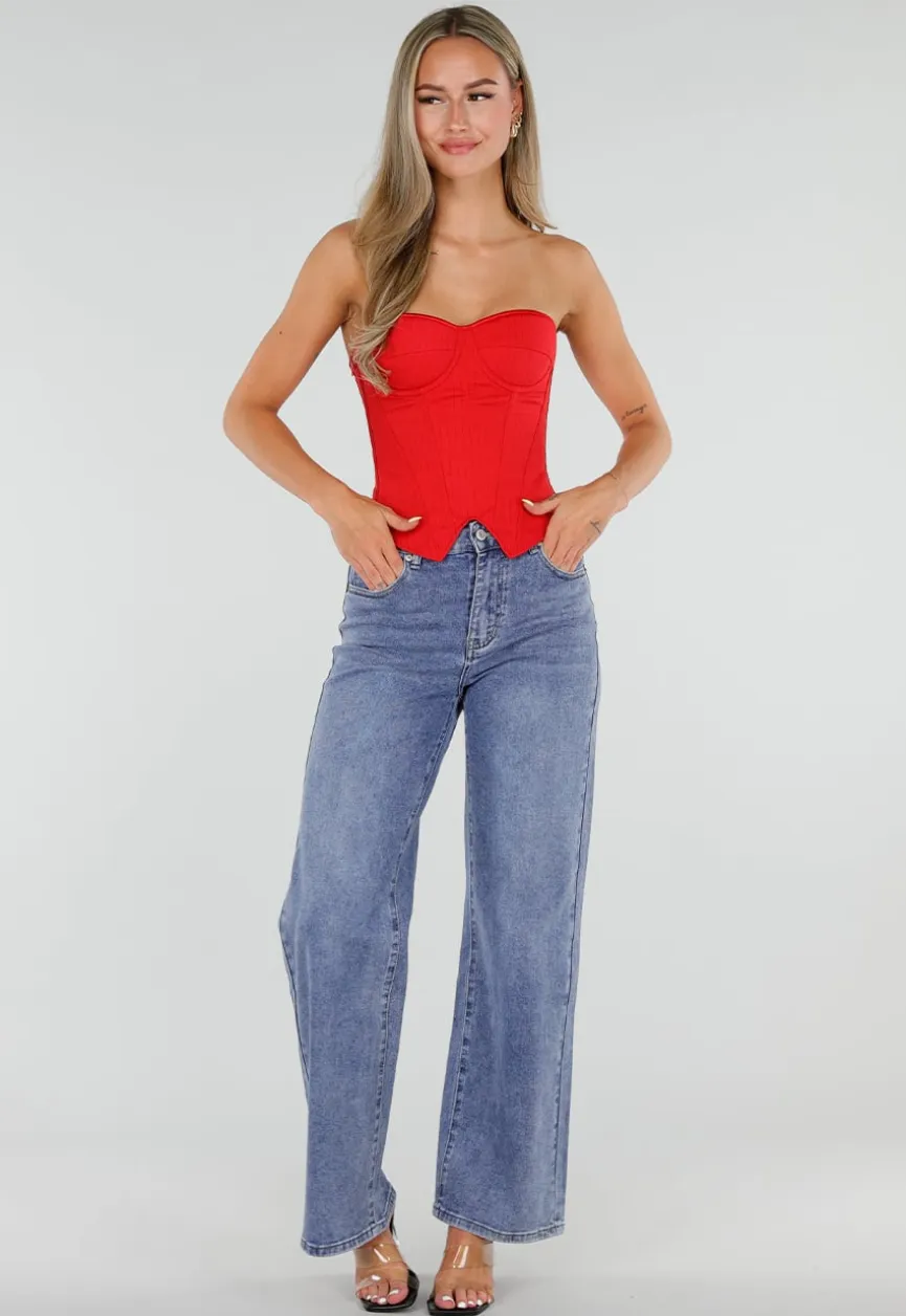 Blauwe Wide Leg Jeans met Ster Achterzak en Lichte Stretch