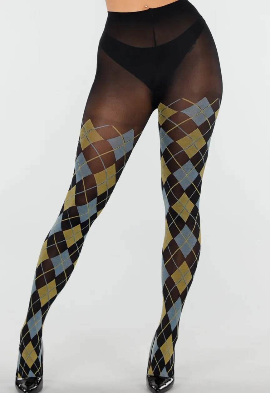 Blauw Gele Panty met Argyle Print