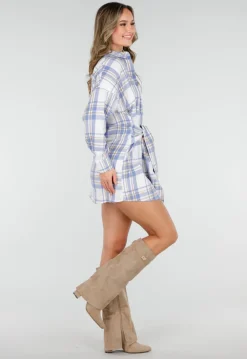 Blauw Geruite Blouse Jurk met Strikmouwen